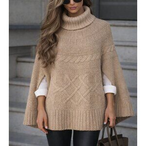 NWOT Luxury Italy Cocogio Taupe  Cable Knit Cowl Neck Pullover Poncho Sweater